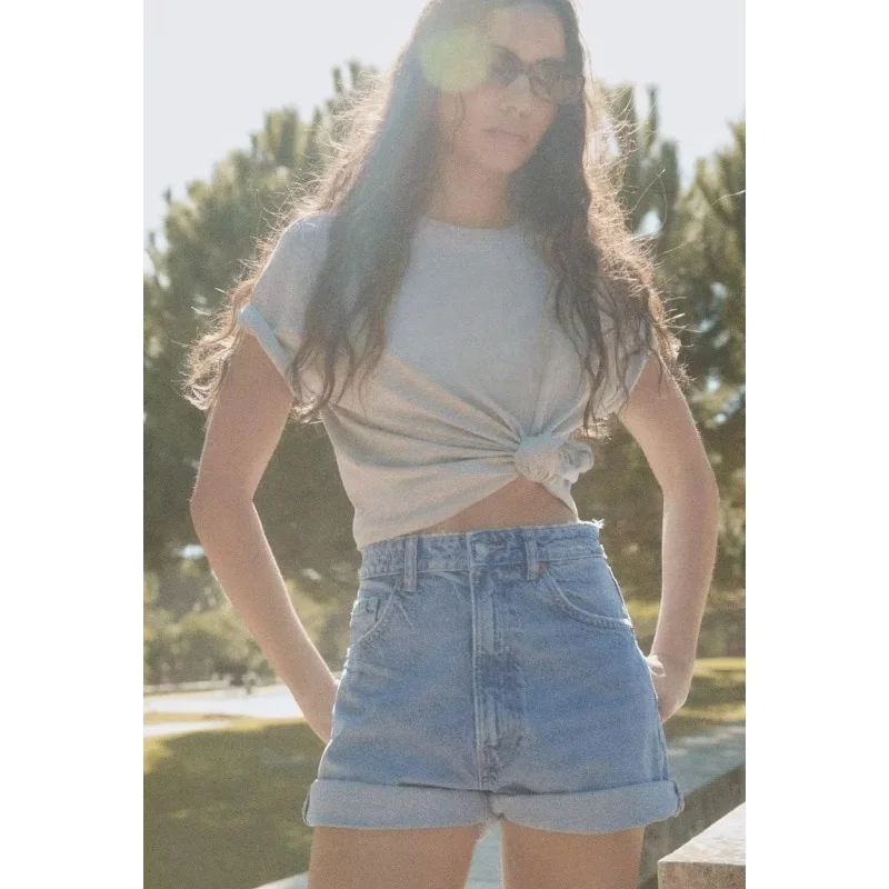 High Waist Cuffed Denim Shorts Women's Versatile Slim Straight Pants Trendy Casual Style All Seasons Pure Color Jeans Shorts