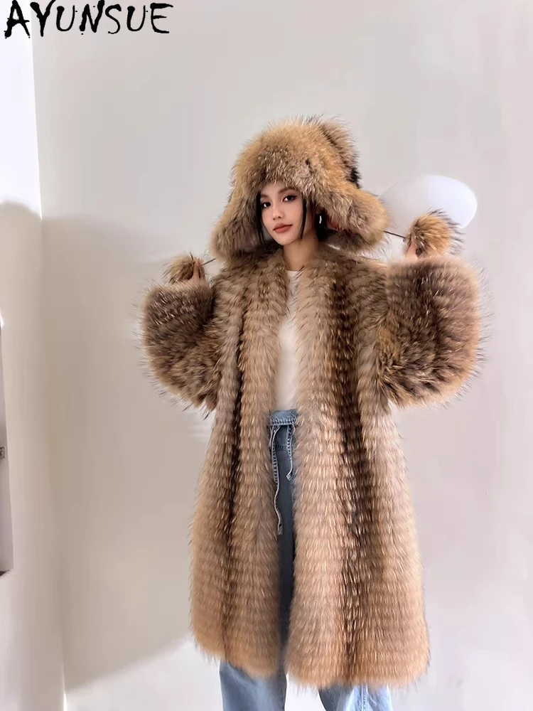 AYUNSUE Raccoon Fur Coats for Woman Mid-length Fur Jacket Maillard Style Fur Coat Woman Clothes New in Outerwears Шуба Женская