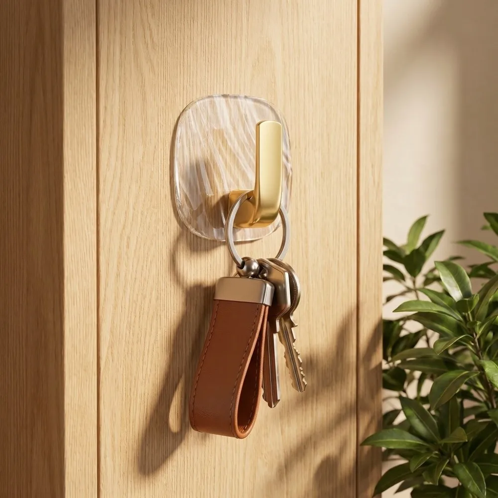 4Pcs Block, Round Clear Acrylic Adhesive Hooks Golden + Transparent Acrylic Waterproof Bathroom Sticky Hooks