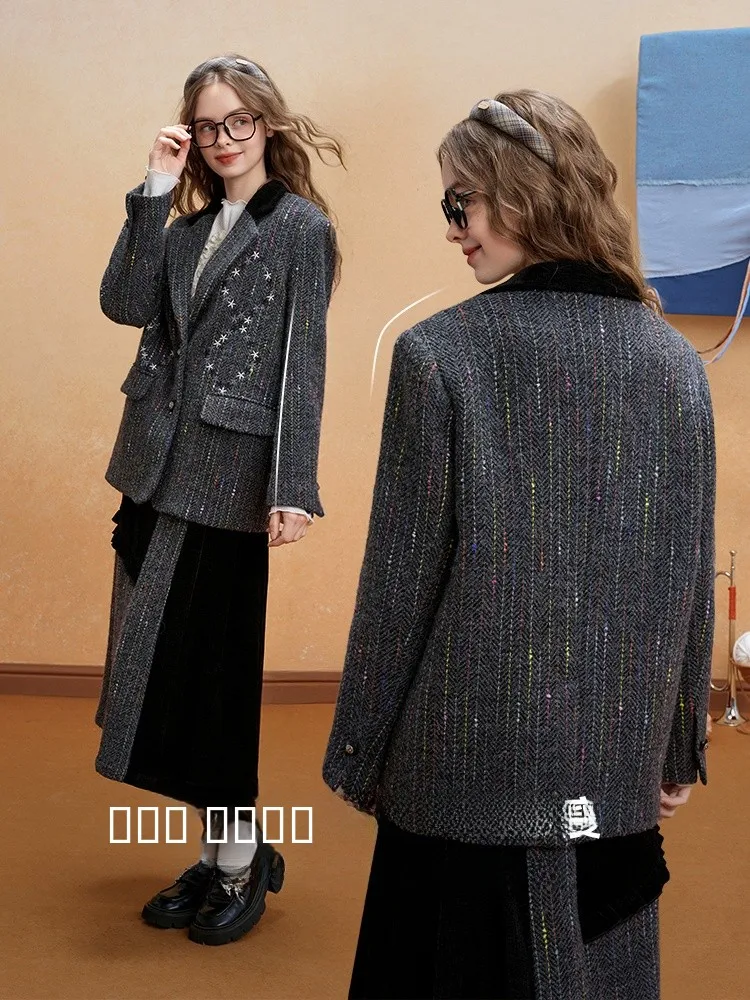 Retro Star Embroidery Thiened Tweed Suit Jaet Damski Luźny Płaszcz Zimowy z Długim Rękawem w Paski Zapinany na Jeden Guzik