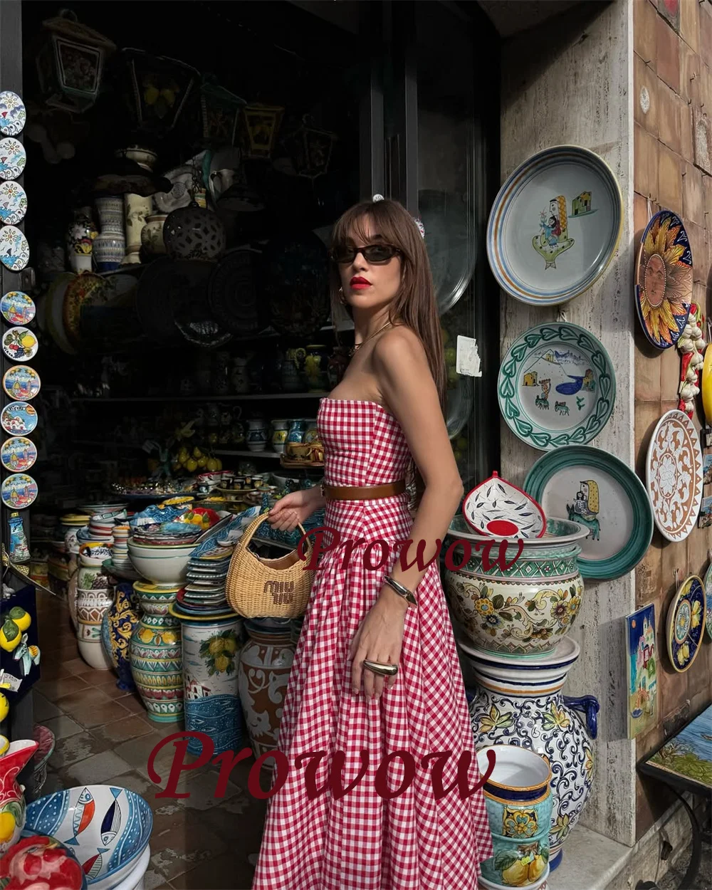 Prowow Elegant Contrast Color Strapless Prom Dresses Mid-calf Length A Line Wedding Party Gowns 2025 Women Customized Zip Back