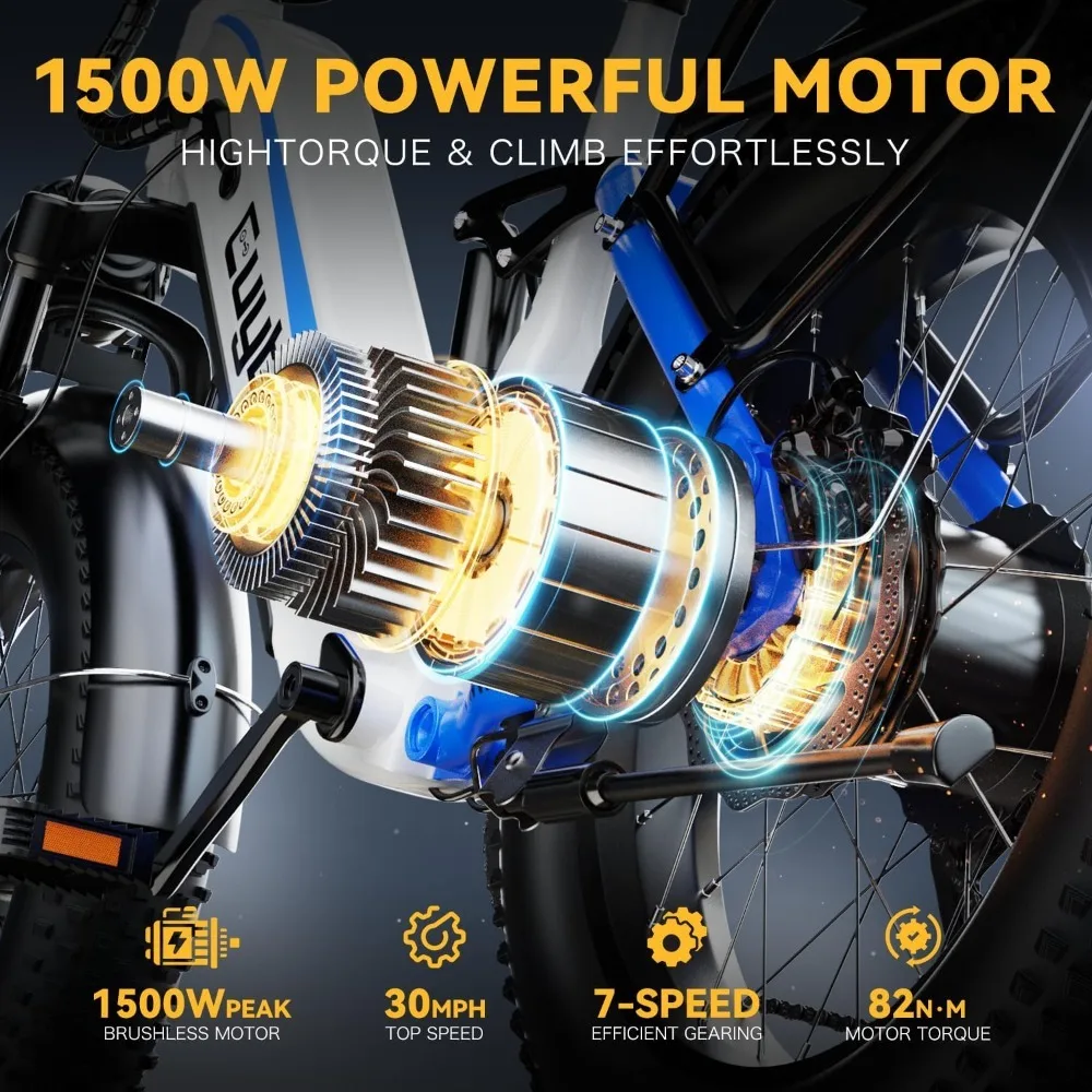 1500W E-Bike for Adults, 48V 20/25/60Ah Battery, 80Mile Range, 20x4 Fat Tire Electric Bicycle for Commute Beach Snow UL image 2