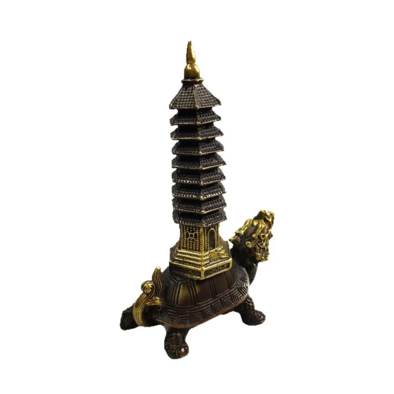 Gilt copper ornament, 9-story pedestal , dragon turtle back tower, study room craft gift,
