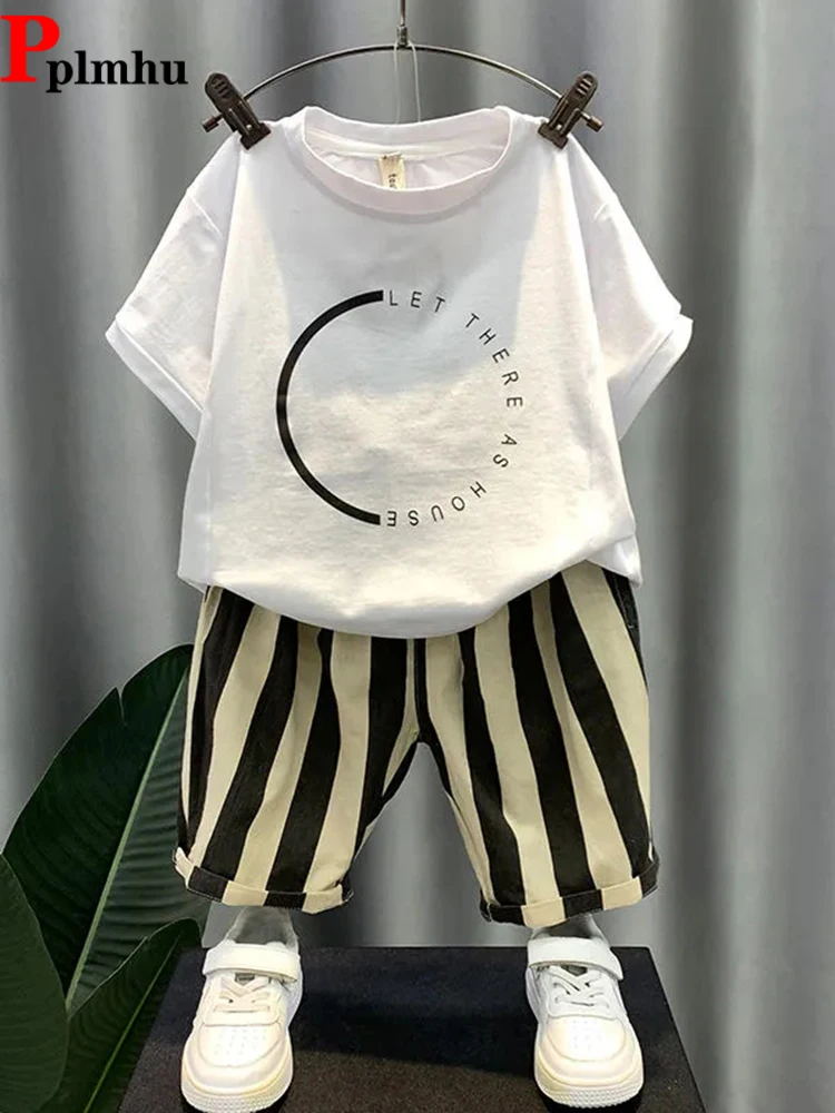 Loose Children's T-shirts Outfit Casual Summer Tees Tops + Baggy Stripe Spliced Shorts Pants Suit Fashion Boys Conjuntos Cortos