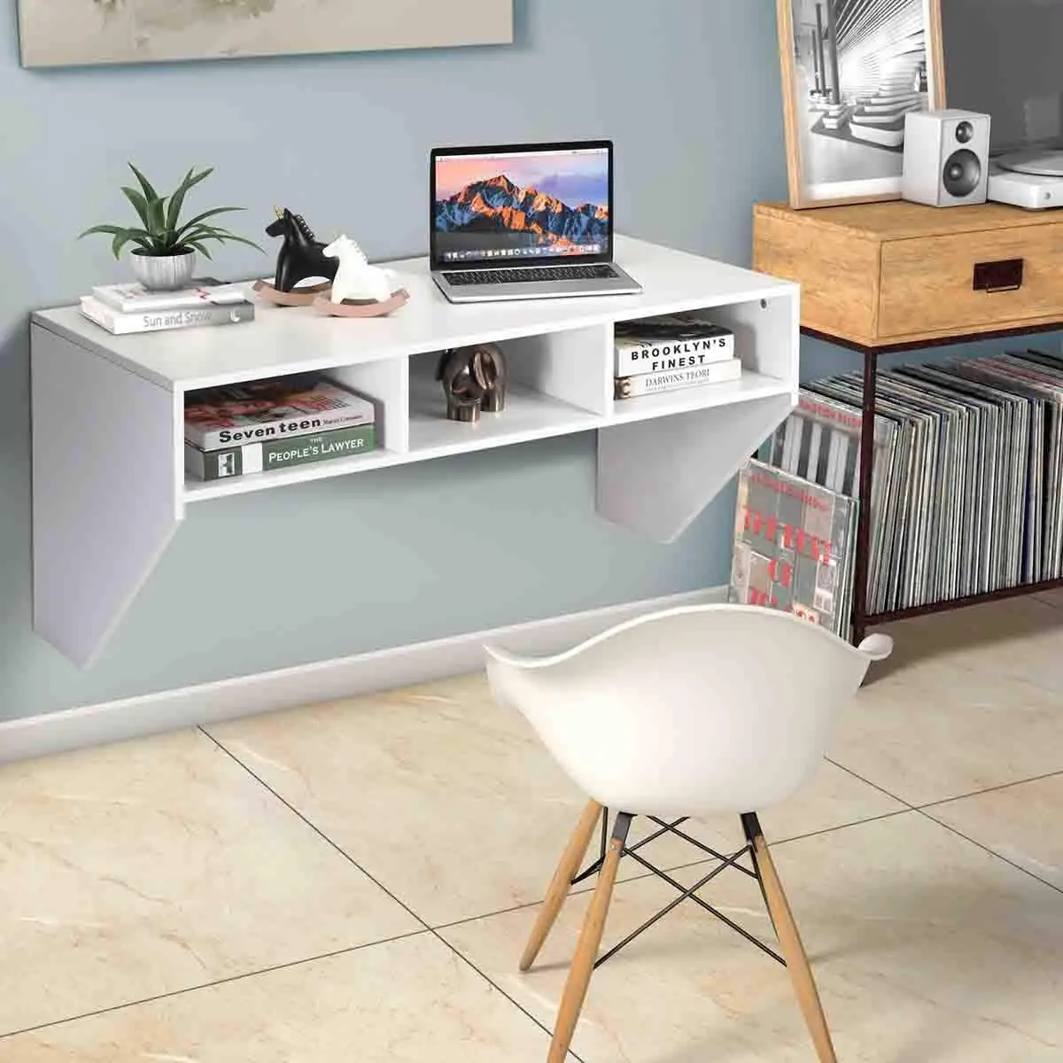 Floating Wall Mounted Desk with Storage Shelves Home Office Workstation Laptop Table White Wall Hanging Computer Desk