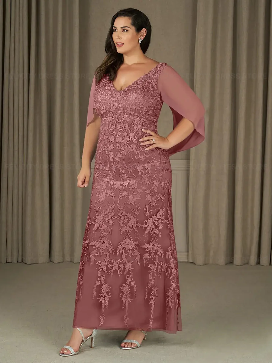 Vestido de chiffon com decote em v para a mãe da noiva, vestido formal do convidado do casamento, vestido de bainha, renda, tamanho grande, 2023