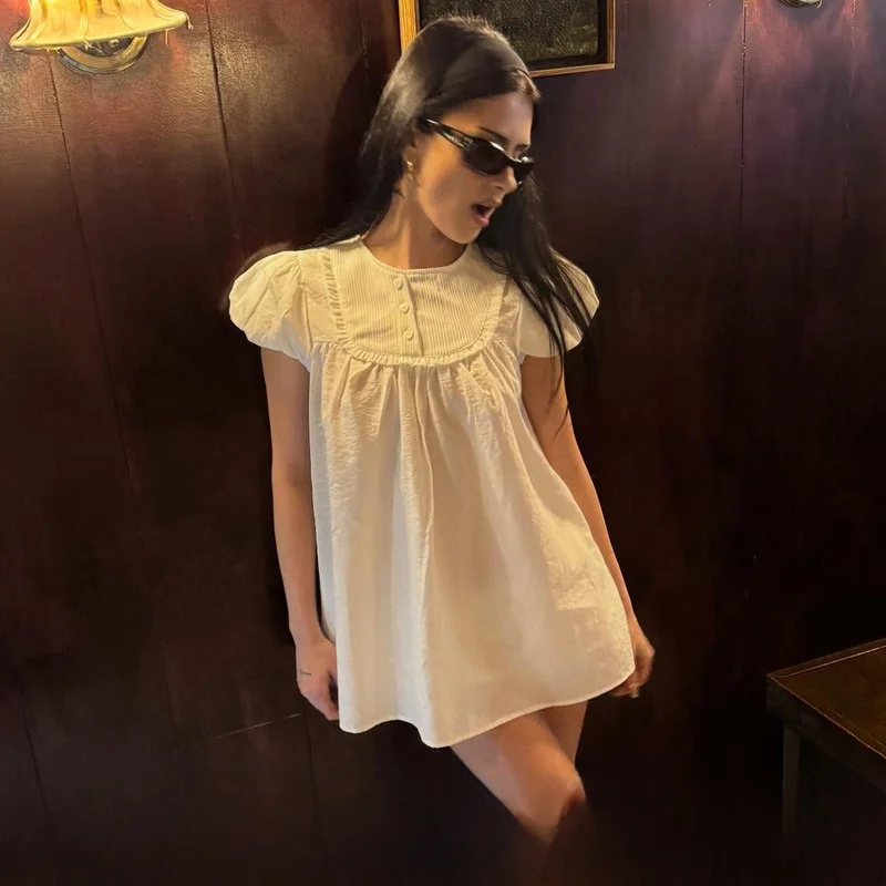 

Pure Desire Girl Style White Lace Trim Bubble Sleeve A-Line Short Sleeve Dress Women Spring Summer Loose Slimming Short Skirt