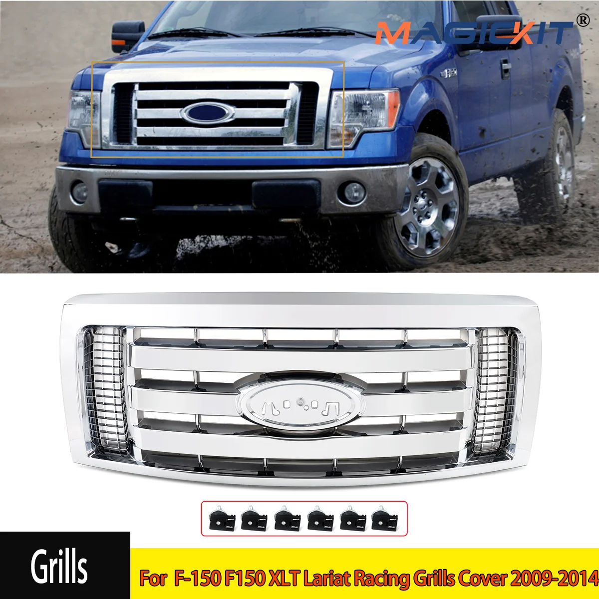 For  F-150 F150 XLT Lariat Racing Grills Cover 2009-2014 Chrome Front Grills Mesh Upper Front Bumper Grille Cover Ship From USA