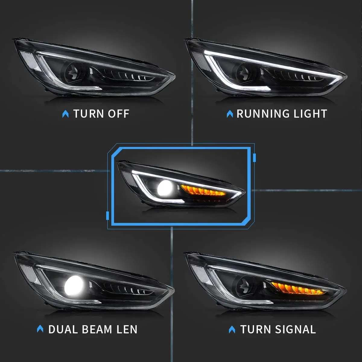 Projector Led Headlights Compatible with Focus 2015 2016 2017 2018 w/Amber Sequential w/Dual Beam Lens, D2H/ D2S Bulbs Kit