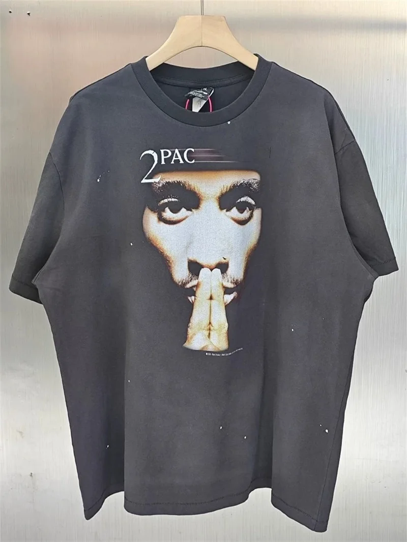 

Black Wash SAINT MICHAEL 2pac Tshirts Men Women Keep The Faith Portrait Print Oversized T-Shirt