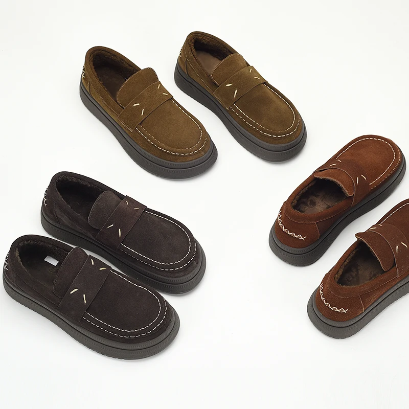 جلد المرأة المتسكعون قصيرة أفخم أحذية منصة الخريف الدافئة الانزلاق على الصوف الشقق جولة تو أحذية امرأة مريحة الأحذية #6