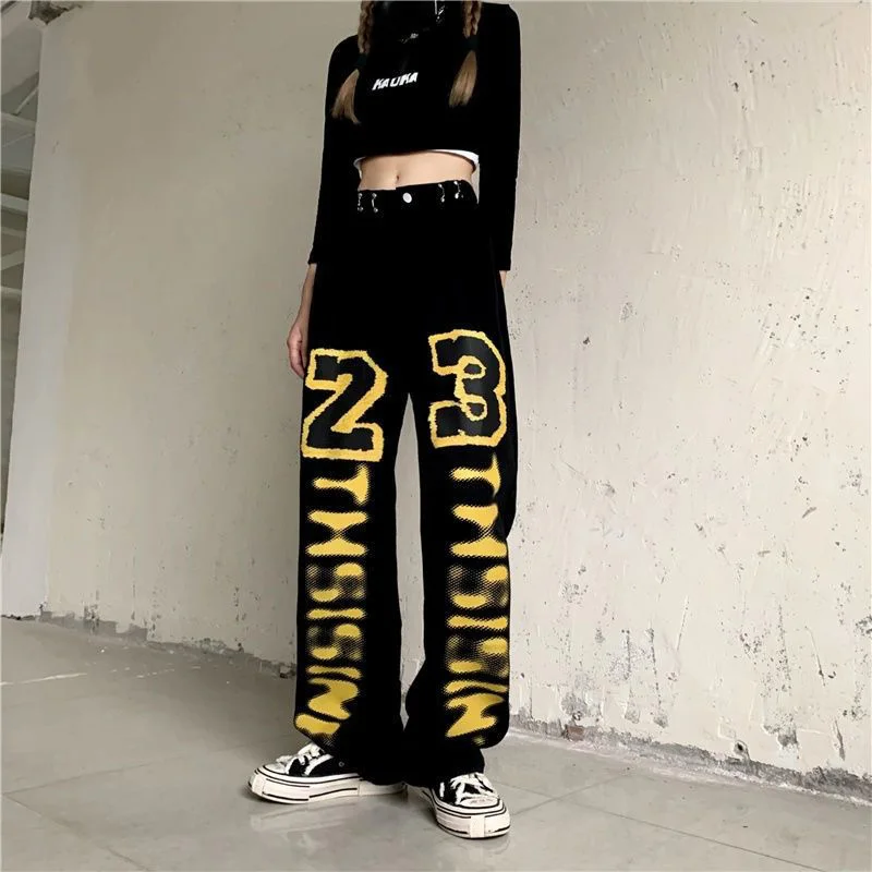 Hip Hop Printed Letters Y2k Baggy Jeans Women  American Style Streetwear Graffiti Trousers Vintage High Waist Wide Leg Pants