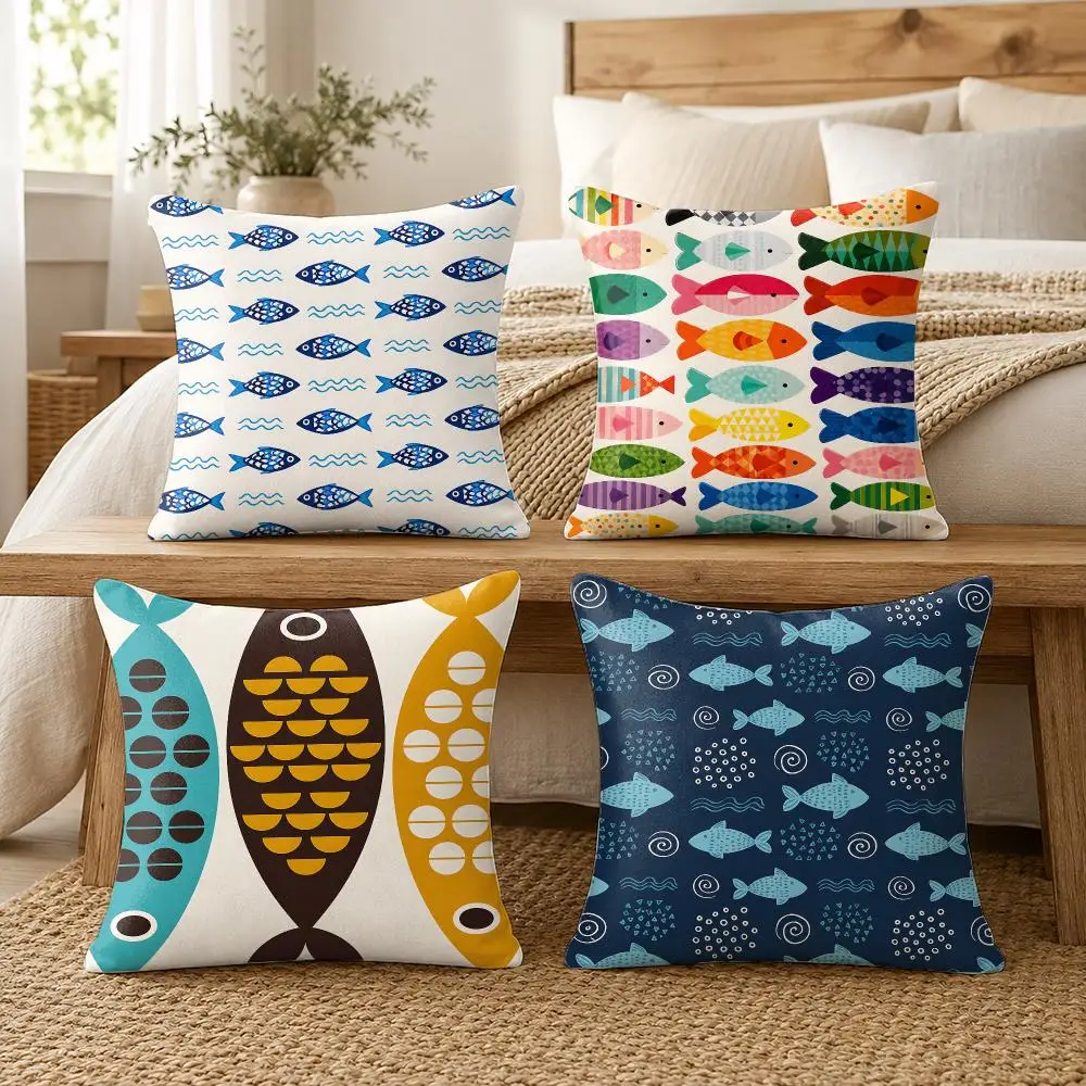 Coastal Fish Pattern Cushion Cover Silky Short Plush Invisible Zipper Dustproof Sofa Pillow Case For Home Decor