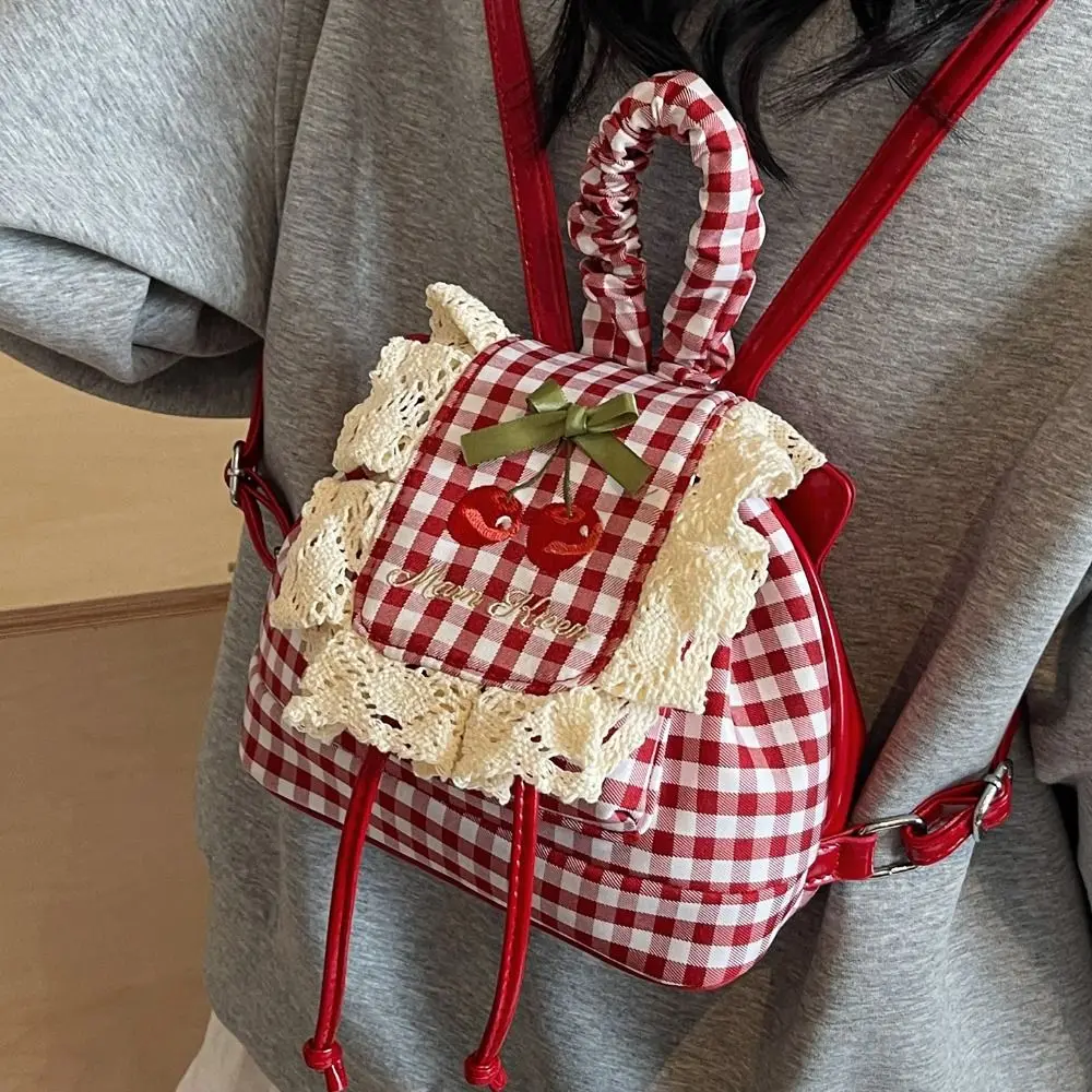 

Fashionable Korean Style Lace Plaid Backpack Travel Canvas Cherry Backpack Large Capacity Commute Bow Shoulder Bag Summer