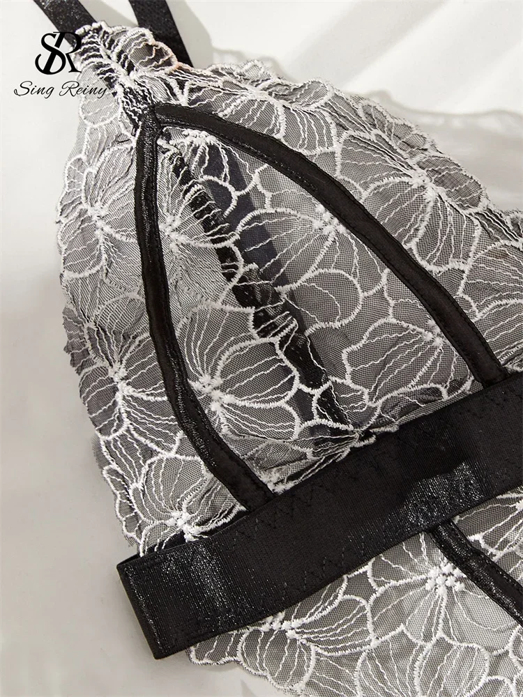 SINGREINY Amatory كاميس عارية الذراعين شير داخلية تطريز أنيق نادي سليم السروال القصير النساء ملابس داخلية شفافة مثير بلايسوت