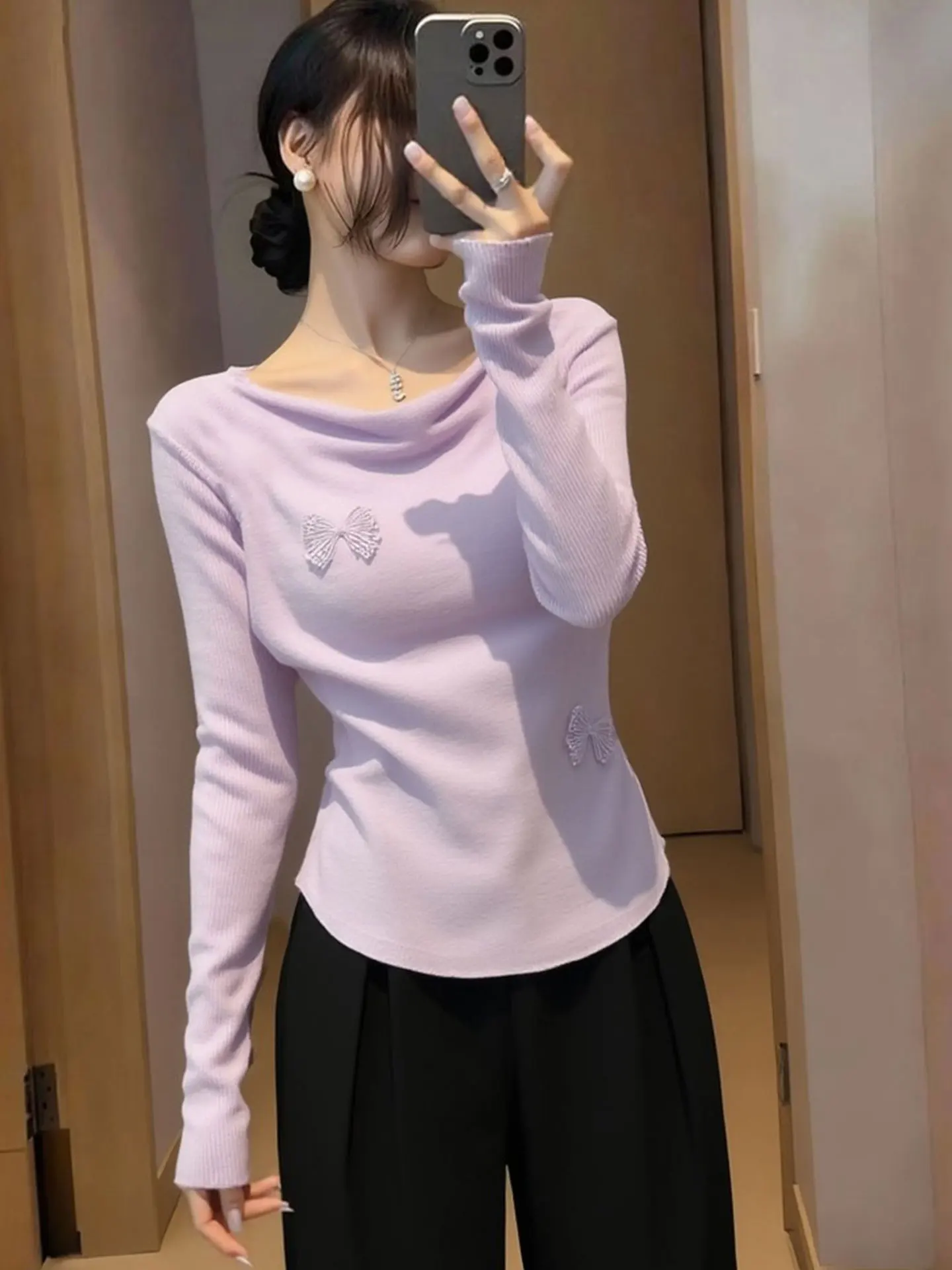 

Ele Long Sve Knitted Sweater with Bow Design Inner Wear Base Top Spring Faion European Sle High Ne Design Women'...