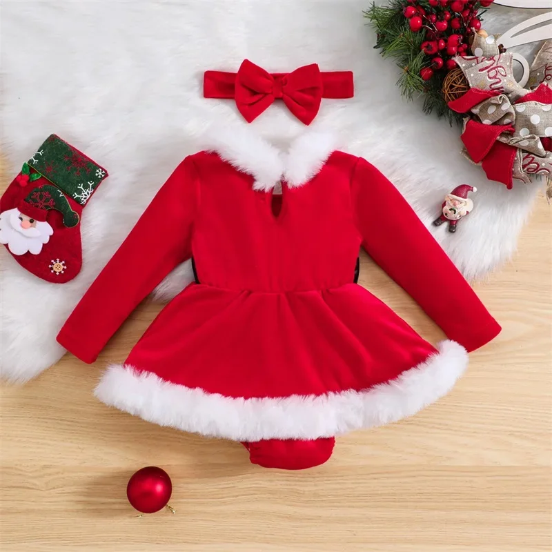 Baby Girls 2Pcs Christmas Bodysuits Outfits Long Sleeve Fur Trim Velvet Romper Dress Headband Set Newborn Winter Xmas Clothes