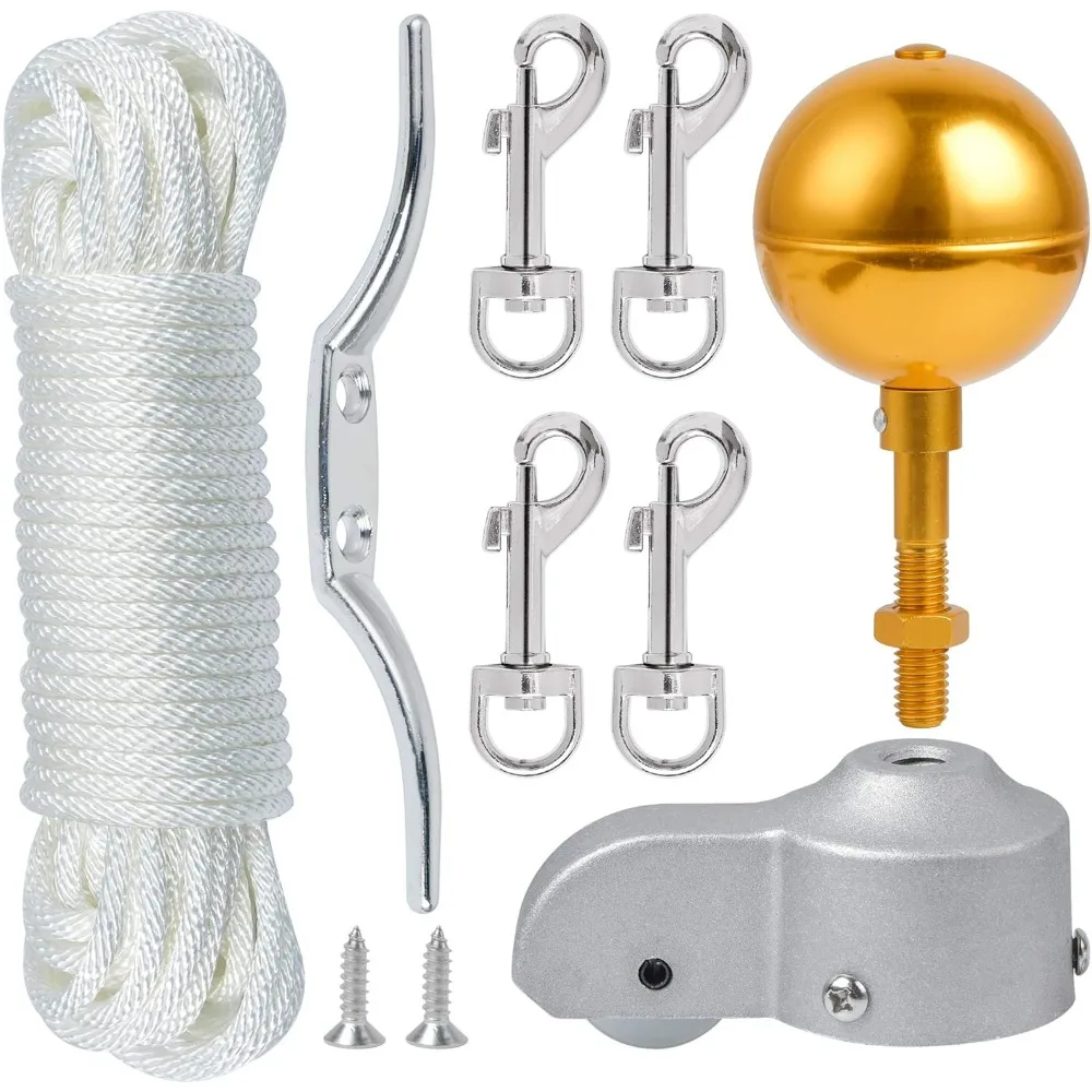 flag-pole-hardware-parts-repair-kits-50-feet-halyard-rope-3-gold-ball-6-zinc-alloy-cleat-4-pcs-metal-hook-clips-cast