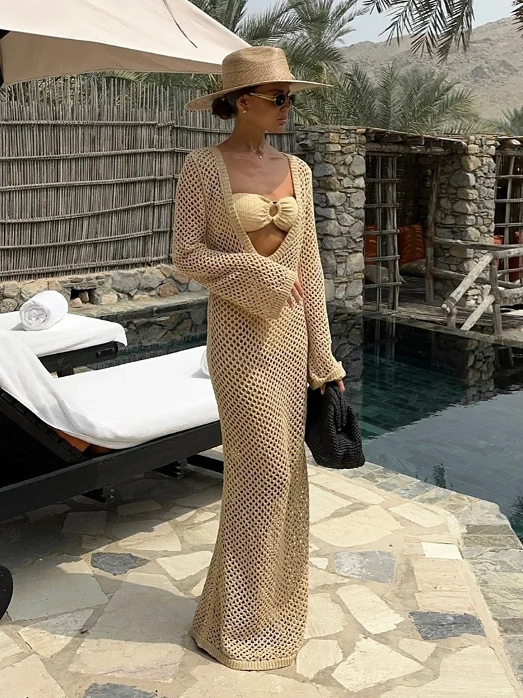 Sexy U-neck Bell Sleeve Knit Maxi Dress Summer 2024 Women Swimwear Feminine Bikinis Cover-ups Holiday Crochet Beach Outfit K21