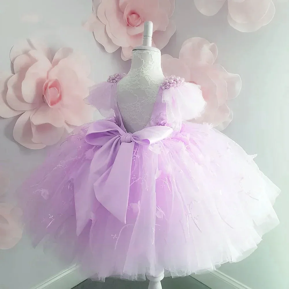 

Puffy Pink Flower Girl Dress Pearls Beading Ball Gown Tulle Bow Baby Girl Princess Wedding Birthday Party First Communion Dress