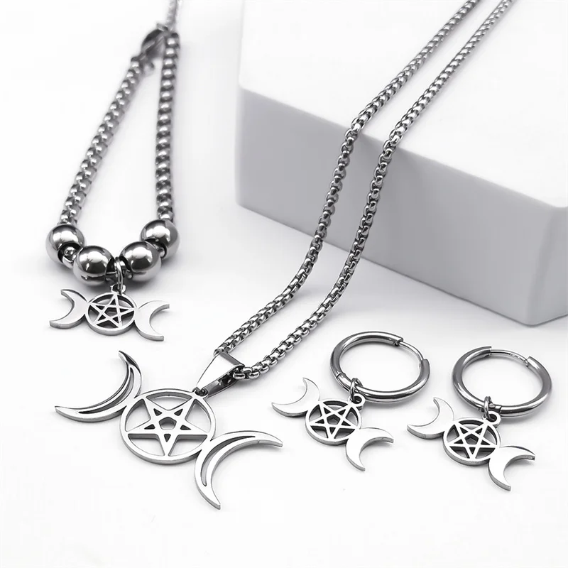Stainless Steel Jewelry Set Triple Moon Goddess Pentagram Pentacle Necklace Women Men Ring Bracelet Earrings conjuntos de joyas image 3