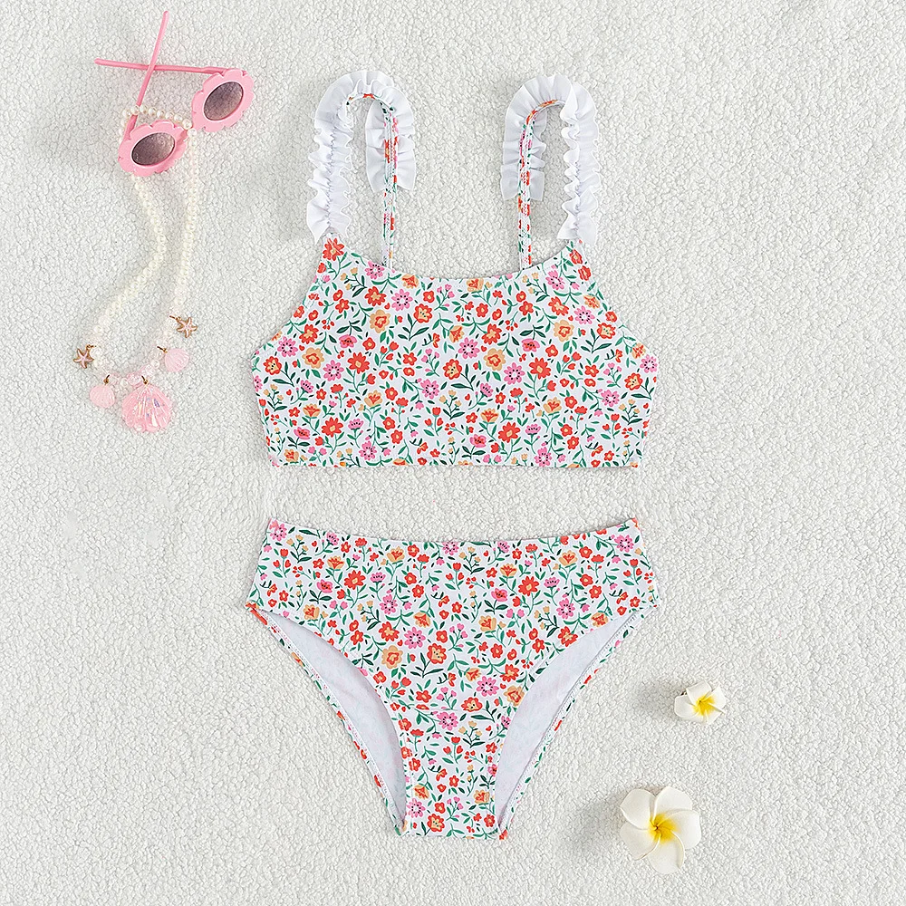 Girls Ruffle Bikini Two Pieces Swimsuit Kids Floral Prints Children's Swimwear 4-14Years Teenager Bathing Suit for Hot Spring