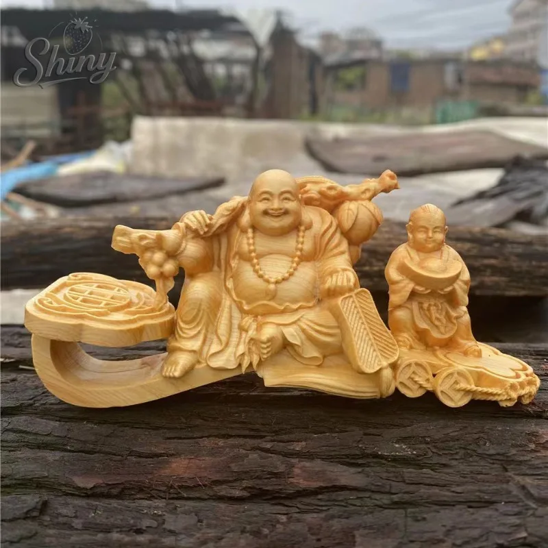 

Cliff Cypress Wood Carving Maitreya Buddha Golden Jade Hall Ornaments Home Office Smiling Buddha Decorative Gifts