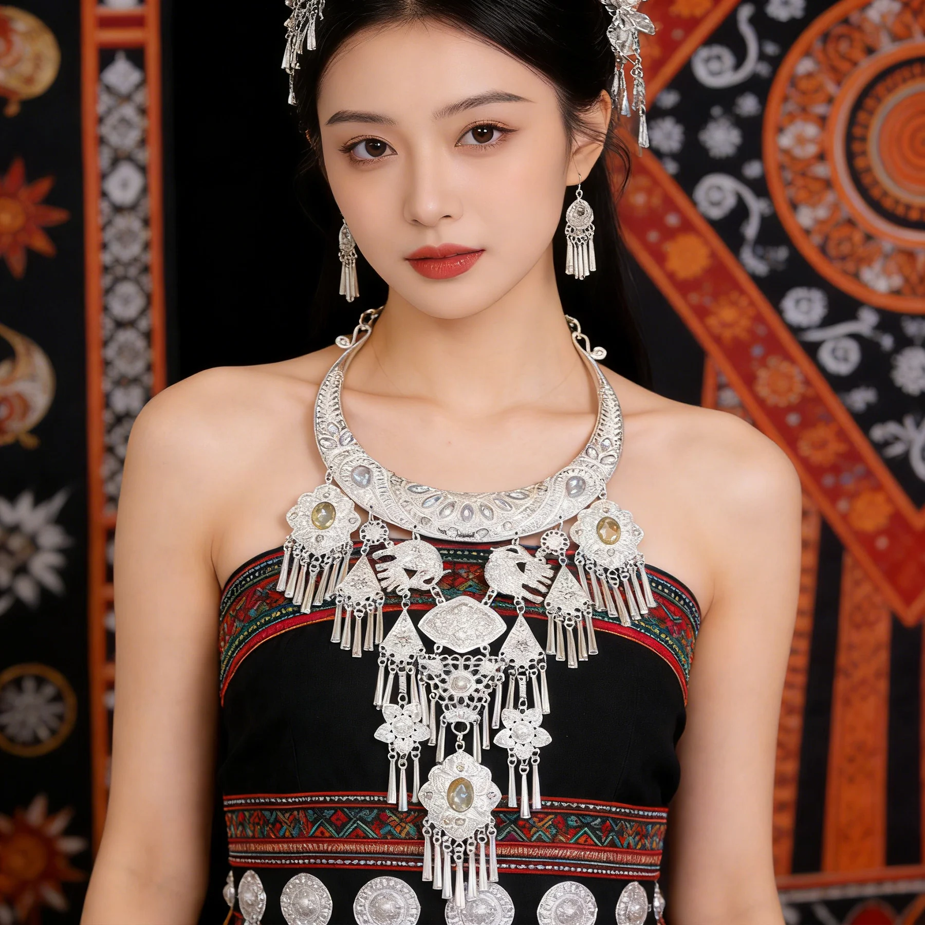 Miao Silver Plated Alloy Horn Tassel Choker Necklace for Women Hollow Flower Crystal Ethnic Clothing Turkey Kurdish Jewelry