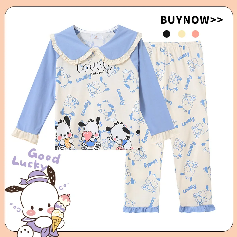 New Cute Autumn Children Pajamas Sets Kawaii Sanrioed Anime Cinnamoroll Kuromi Pochacco Girls Sleepwear Spring Kids Home Clothes