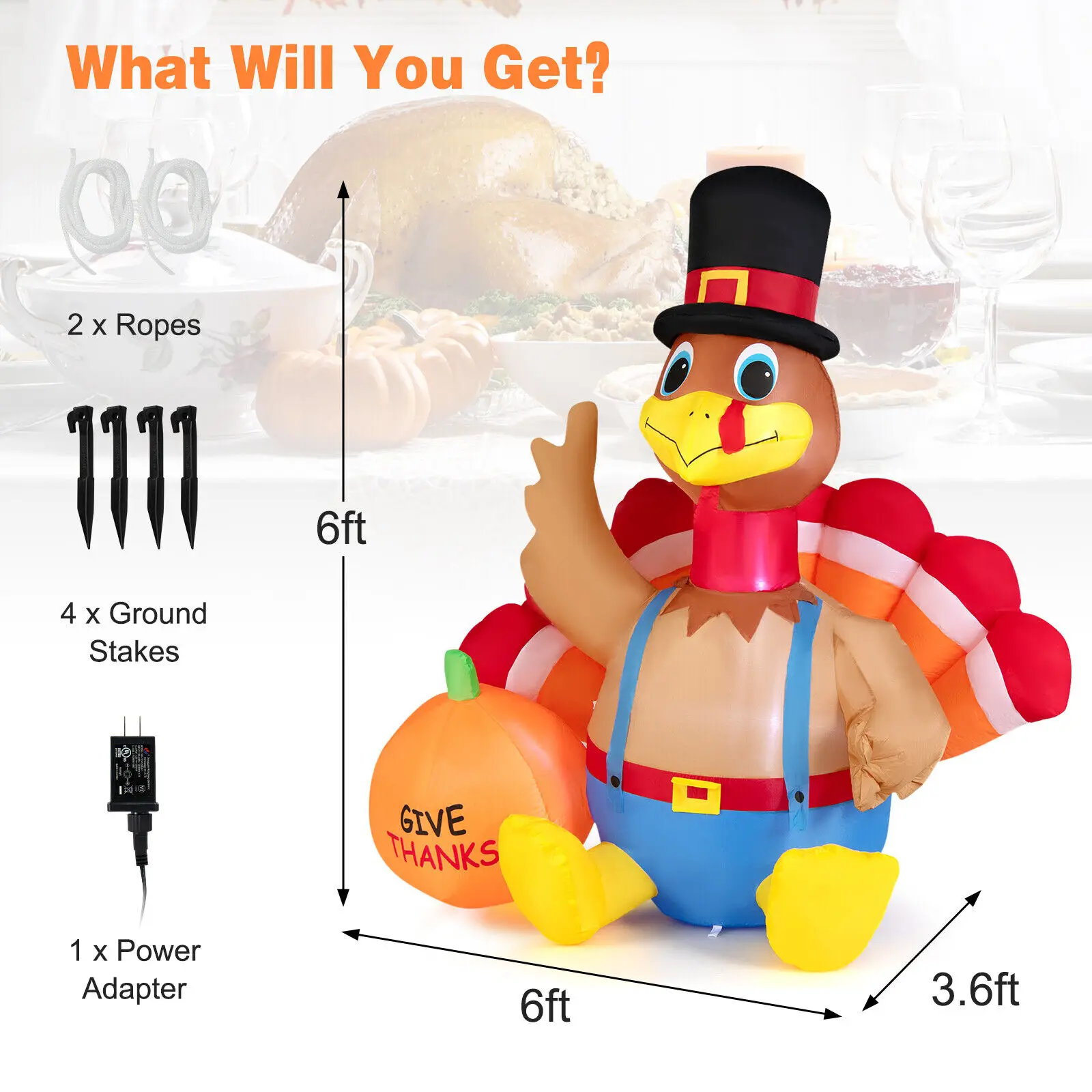 Costway 6 FT Thanksgiving Inflatable Turkey with Pumpkin Fall Harvest Decor W/Lights