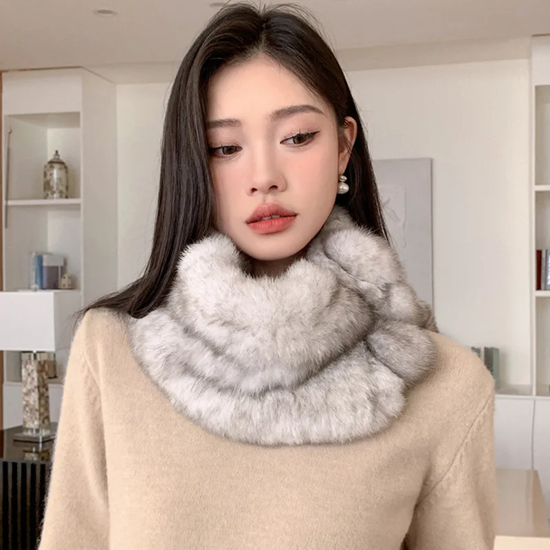 Real Rex Rabbit Fur Scarf For Women Winter Thickened Warm Plush Ball Fur Scarf Furry Fur Real Fur Collar Neck Warmer Ring Scarf