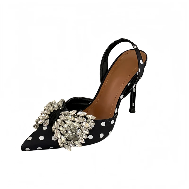 10cm Stiletto Heels Party Dress Shoes For Woman Pionted Toe Polka Dots Woman Pumps Sexy Crystal Bow High Heels Slingback Femmes