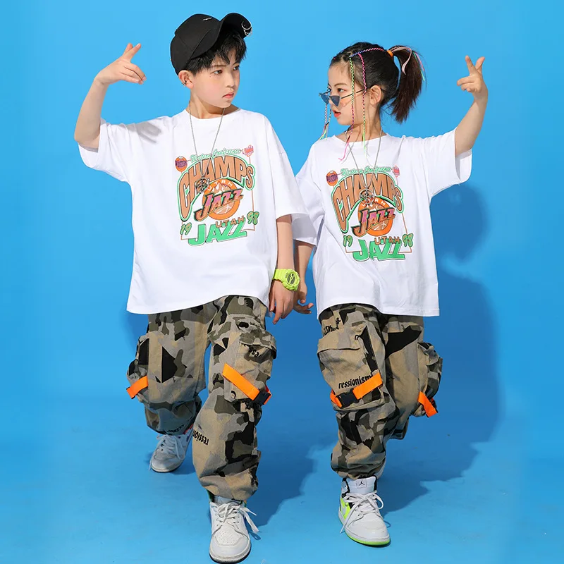 Boys Hip Hop Camouflage Pants Girl Jogger 2 Pcs Set Kids Printed T-shirt Dance Clothes Teen Jazz Street Child Costume Streetwear