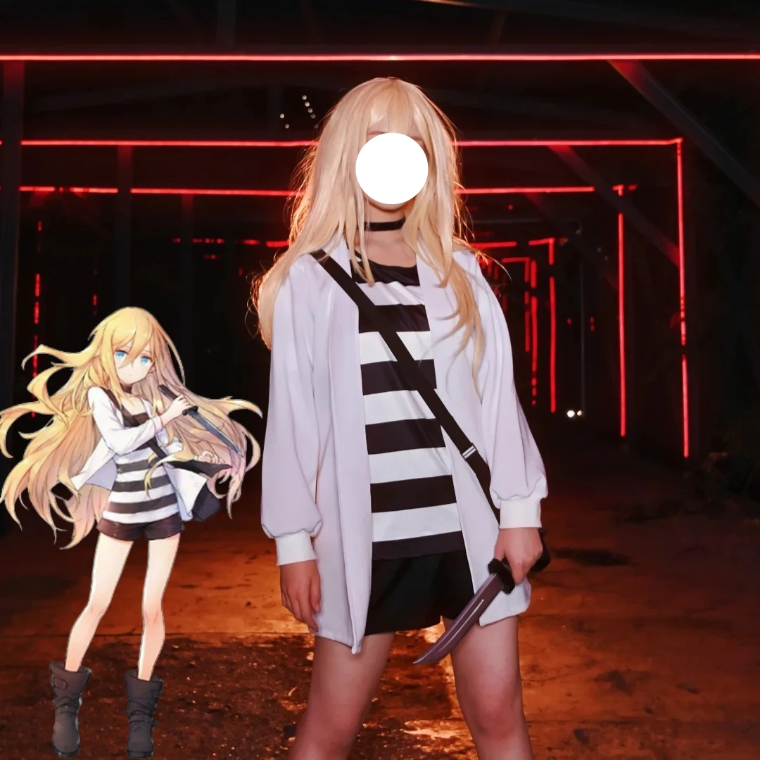 

Anime Angels of Death Rachel Gardner Cosplay Costume White Open Cardigan Black White Striped Camisole Shorts Black Choker women