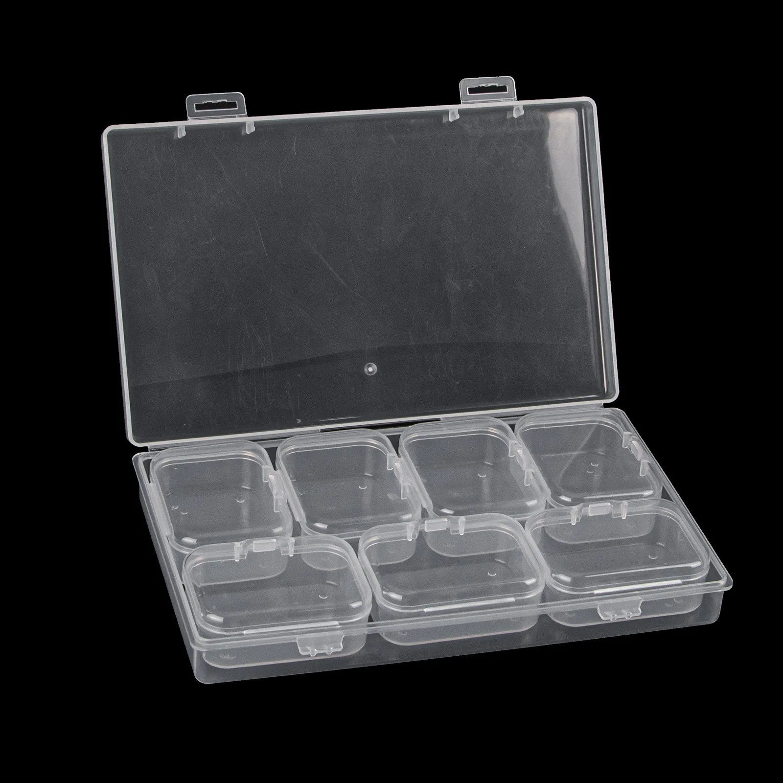 Lock plastic transparent non porous bead storage box with integrated flip cover, hand account packaging