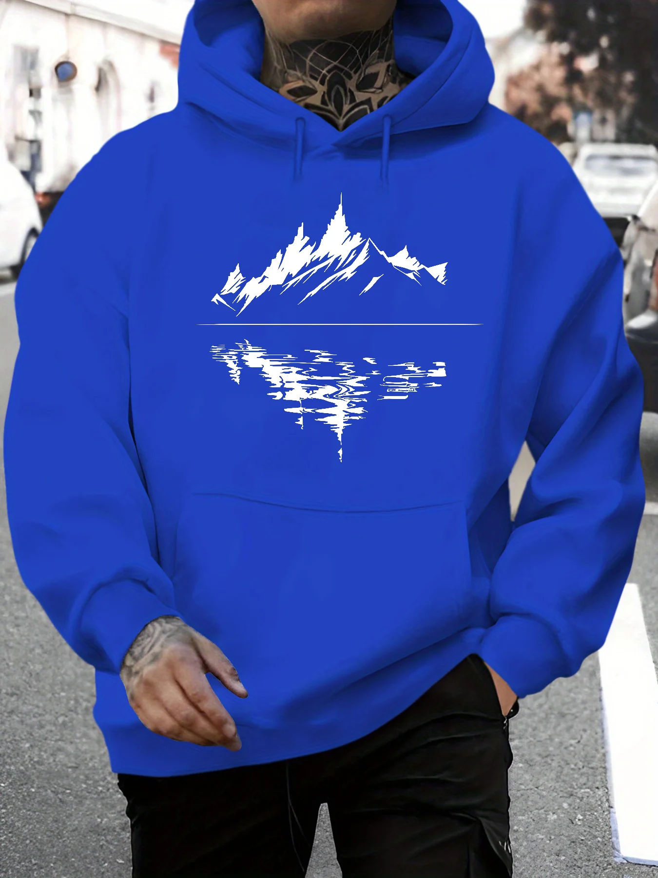 سترة رجالية كاجوال فضفاضة بغطاء للرأس للخريف والشتاء مع نمط انعكاس جبلي مطبوع بأكمام طويلة بلوفر دافئ #2