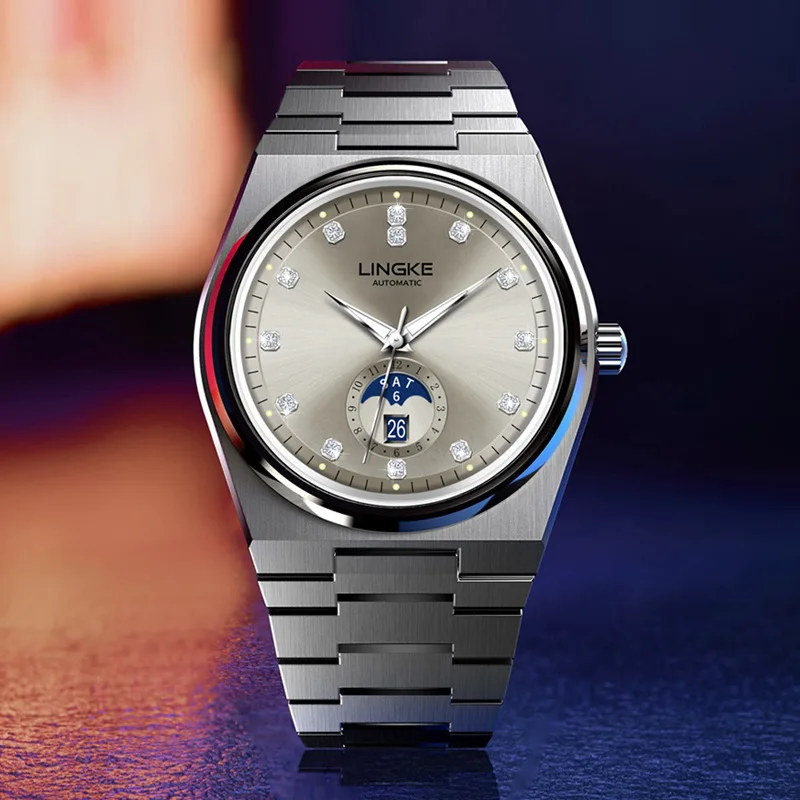 LINGKE Jam Tangan Mekanis Gerakan MIYOTA Mewah Bermerek untuk Pria Jam Tangan Otomatis Pria Fashion Safir Tanggal Minggu Baja Tahan Karat
