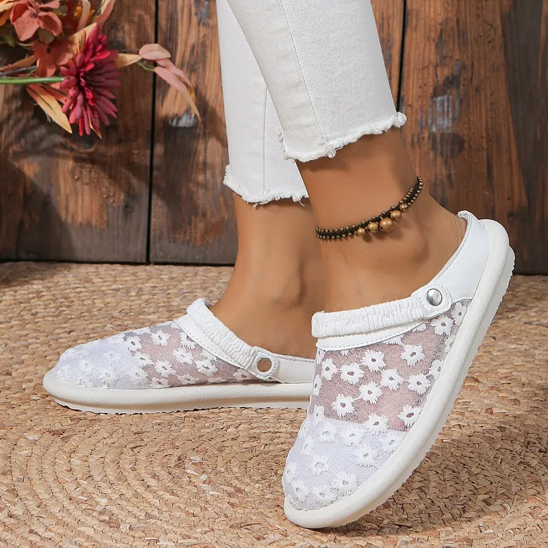 Mesh Outside Mules Summer Concise Ladies Shoes 2024 High Quality Flat with Floral Shallow Women\'s Slippers Chinelos Femininos