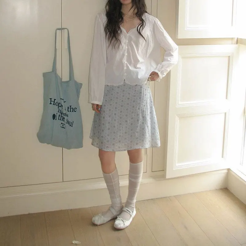 Blue Broken Flowers High Waist Knee Skirts Summer New A-Line Casual Female Clothing Fashion Drawstring Bow Basic Printed Skirts