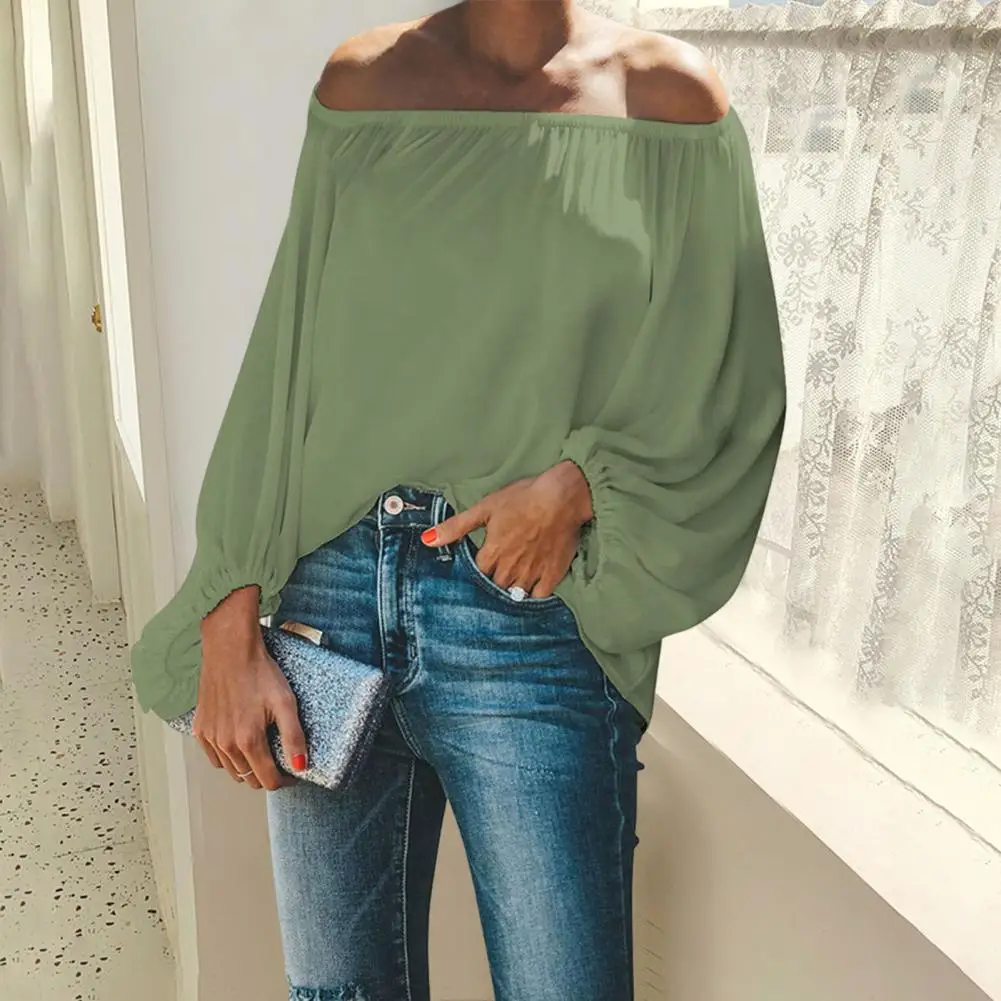 Effen Kleur Off Shoulder Vrouwen Shirt Effen Kleur Lantaarn Lange Mouw Herfst Top Klassieke Elastische Kraag Dame Blouse