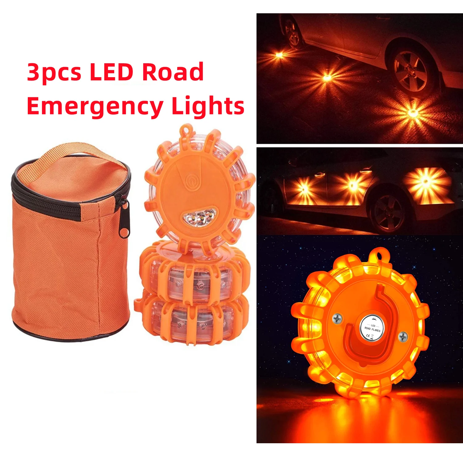 3pcs LED Road Flare Emergency Lights Roadside Safety Beacon Disc Flashing Warning Flare Kit with Magnetic Base Storage Bags