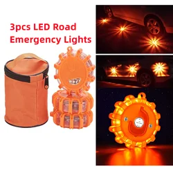 3pcs LED Road Flare Emergency Lights Roadside Safety Beacon Disc Flashing Warning Flare Kit with Magnetic Base Storage Bags