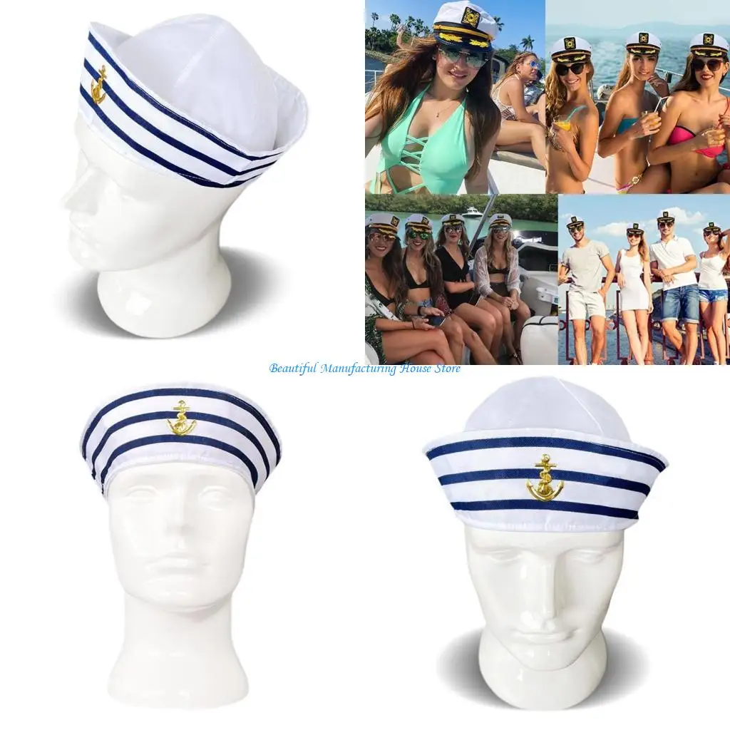 

E56A Sailors Ship Captain Hat White& Blue Hat Adult Teens Marine Cosplay Hat