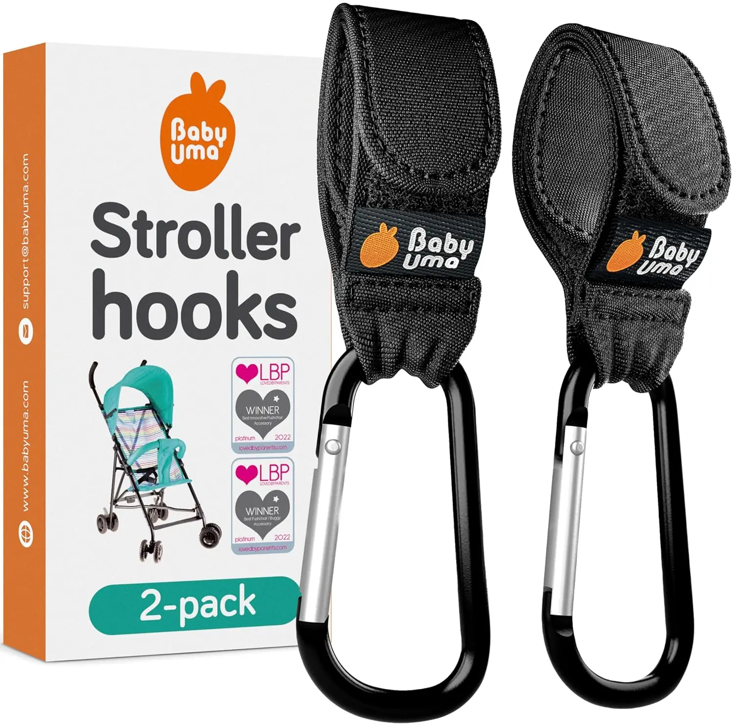 

Universal Stroller Hooks 2-Pack: One-Hand Opening, Non-Slip Design, Holds 11 lbs - Essential Baby Travel Accessory