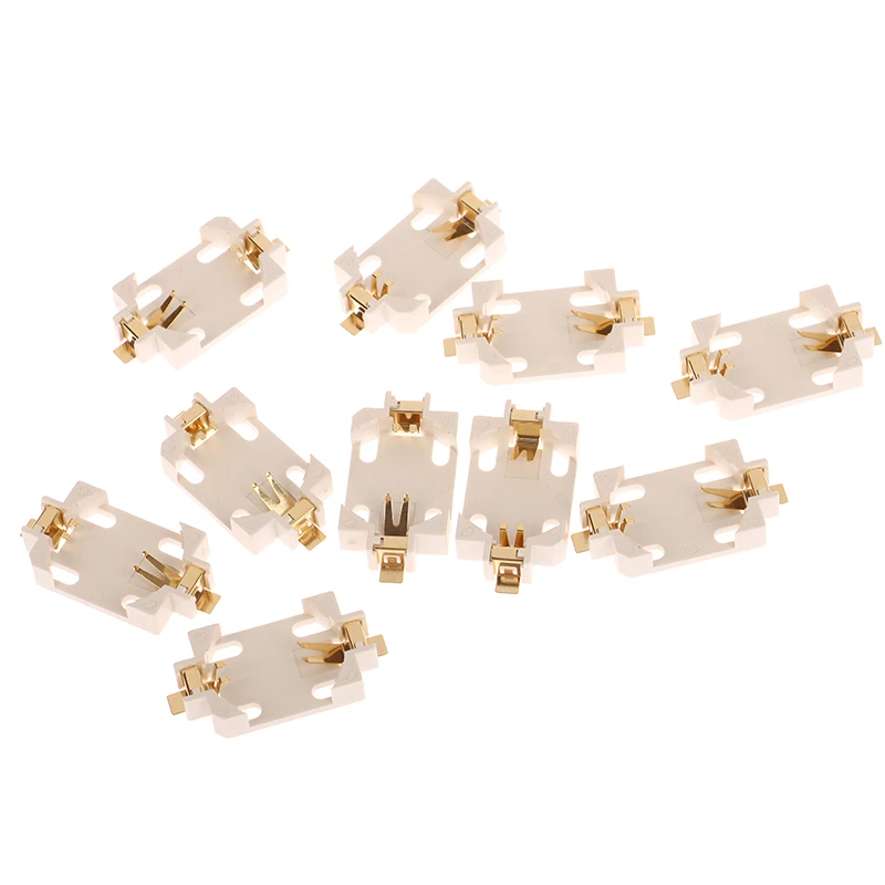 Branco Habitação Banhado A Ouro Botão Titular Da Bateria, DIY Acessórios, Soquete Casos, CR2032 SMD, 10Pcs