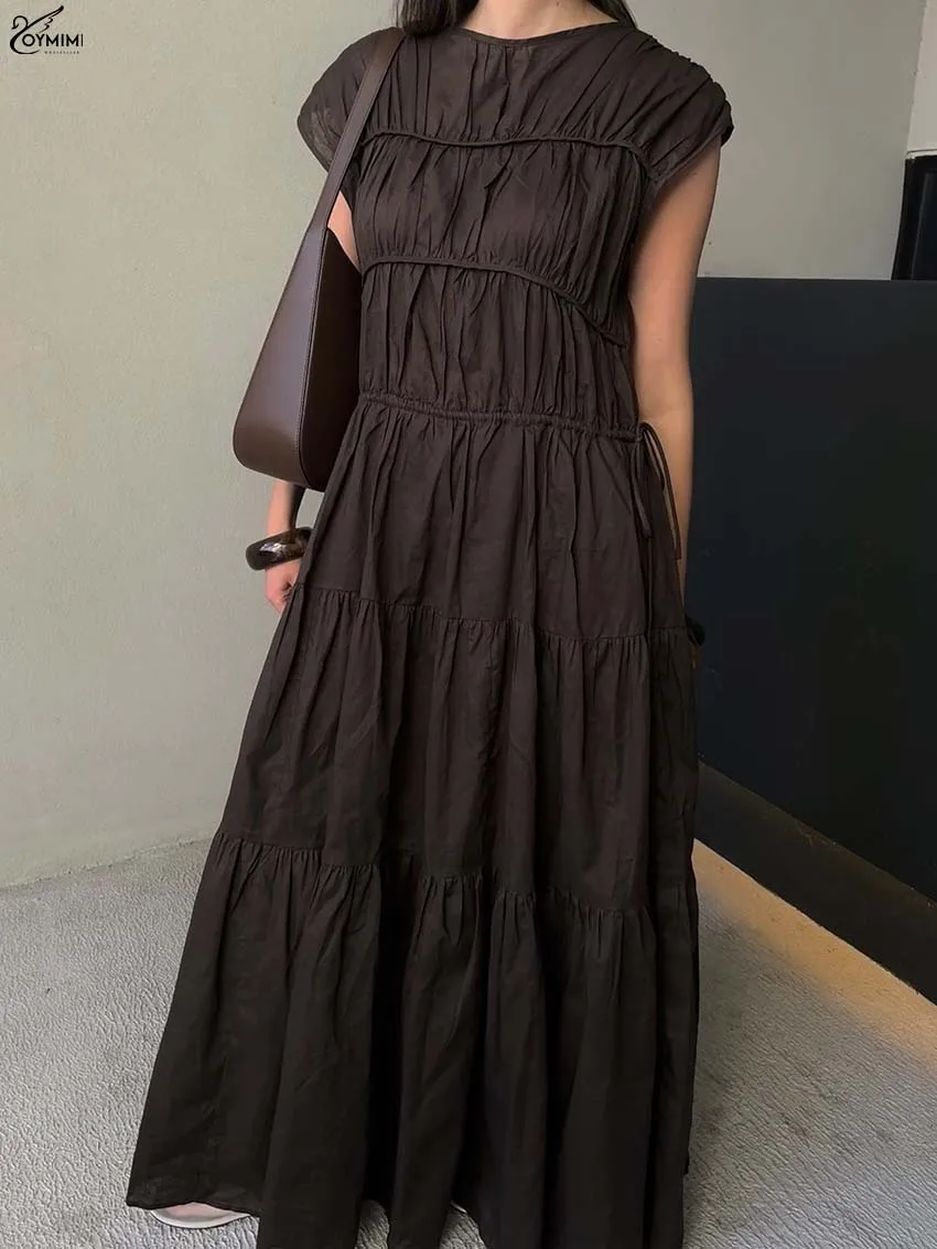 

Oymimi Elegant Black Cotton Women's Dress Fashion O-Neck Sleeveless Pleated Dresses Casual High Waist Loose Floor-Length Dresses