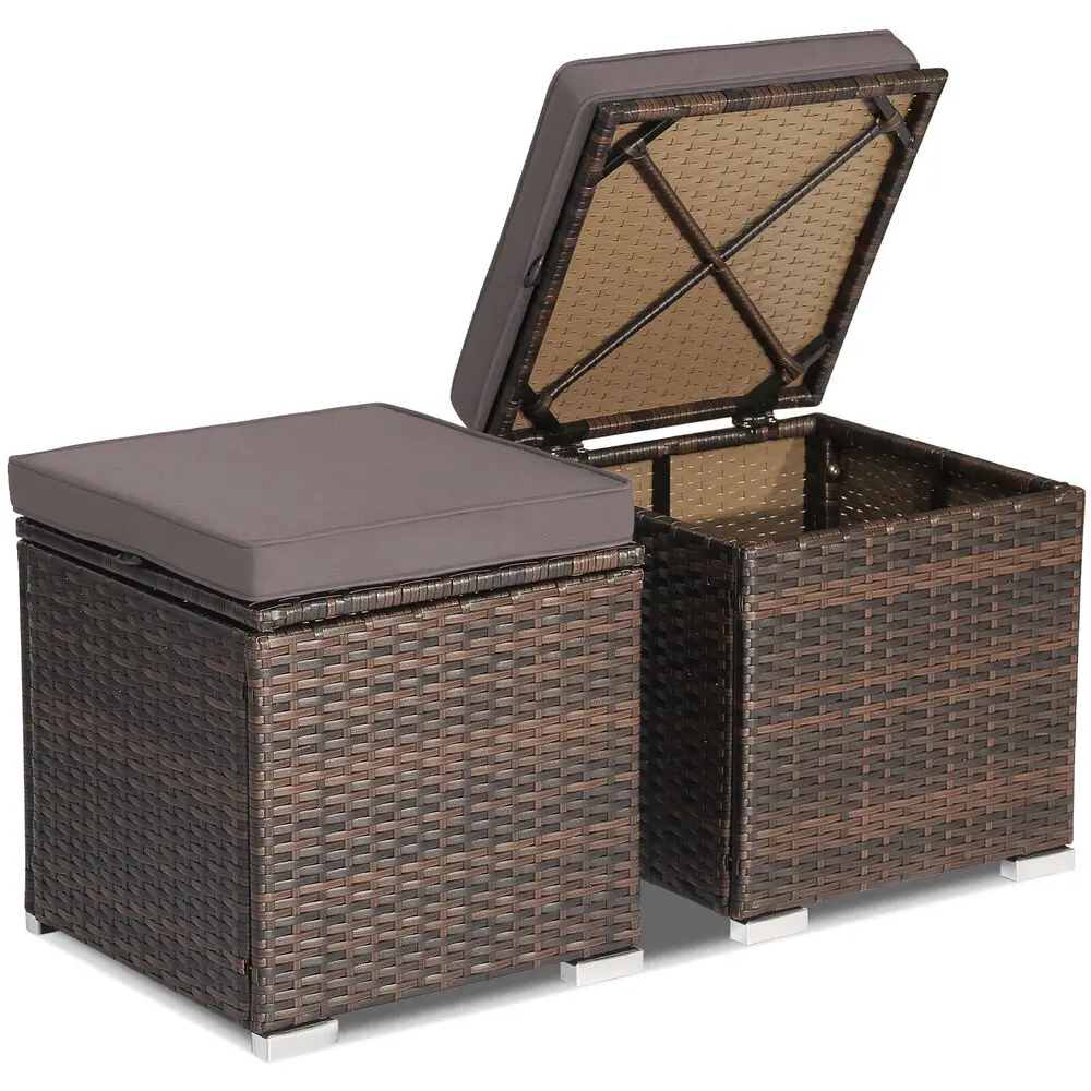 Costway 2PCS Patio Rattan Wicker Ottomans Seat W/ Removable Cushions Footstool Grey