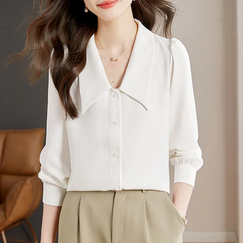 Chemise blanche en mousseline de soie pour femme, chemisier à manches longues, col rabattu, bureau, dame, chemisiers en Y, M813