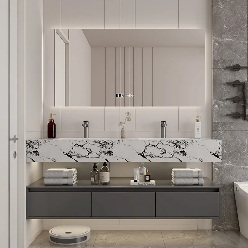 

Тумба для ванной из окрашенного дуба, интегрированная раковина из цельной керамики с горячей гибкой и имитацией каменной плиты, комбинированная раковина-тумба