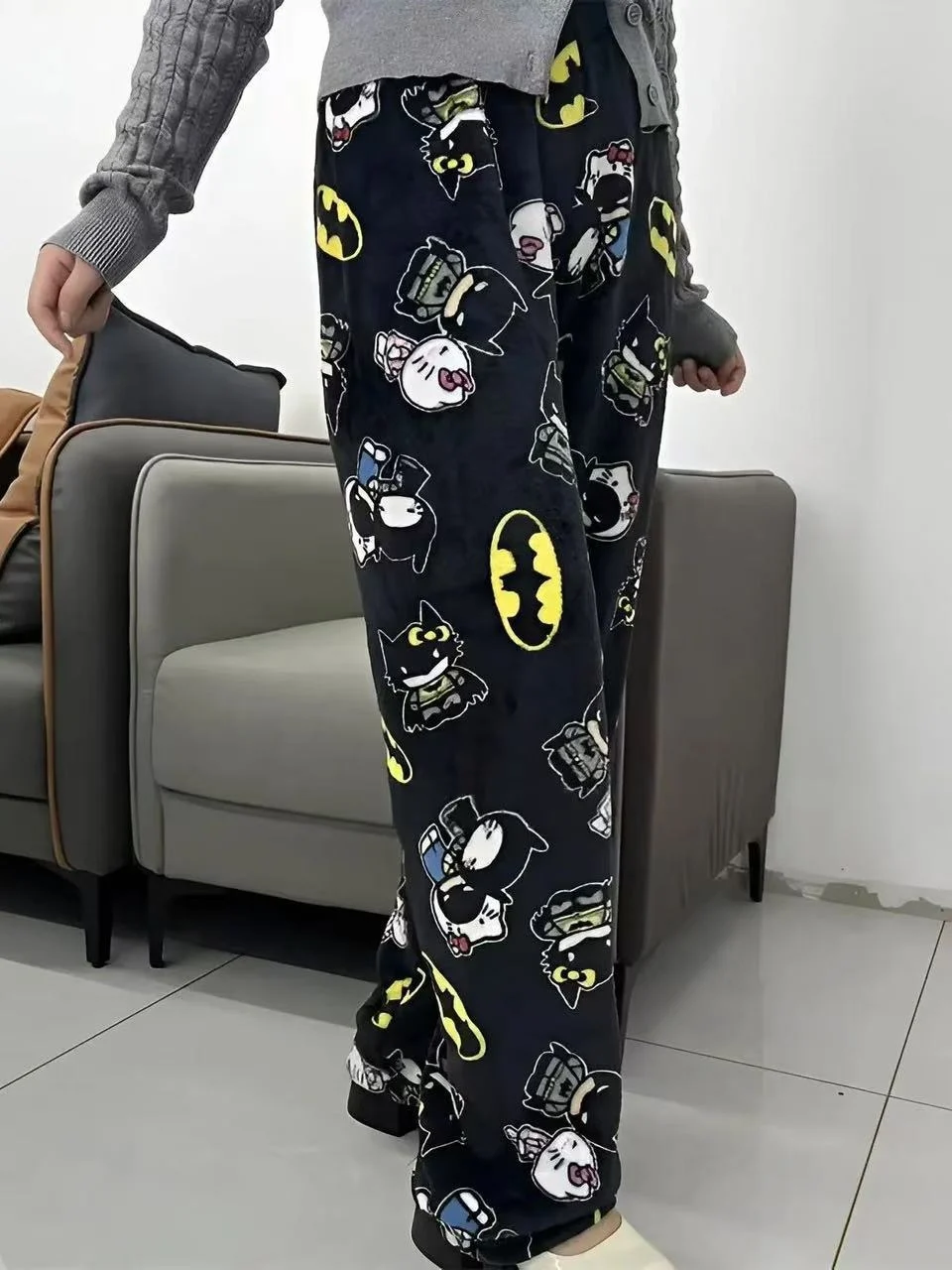 Hello Kitty flannel pajamas, black thermal loungewear, casual walking pants for couples, perfect for party outfits! view 6